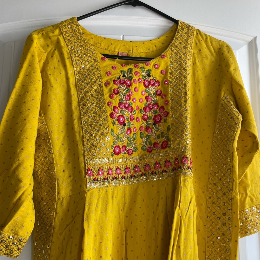 New long mustard yellow kurti with plazo and dupatta in size XL